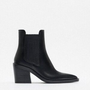 NWT Zara Black Leather Ankle Cowboy Boots